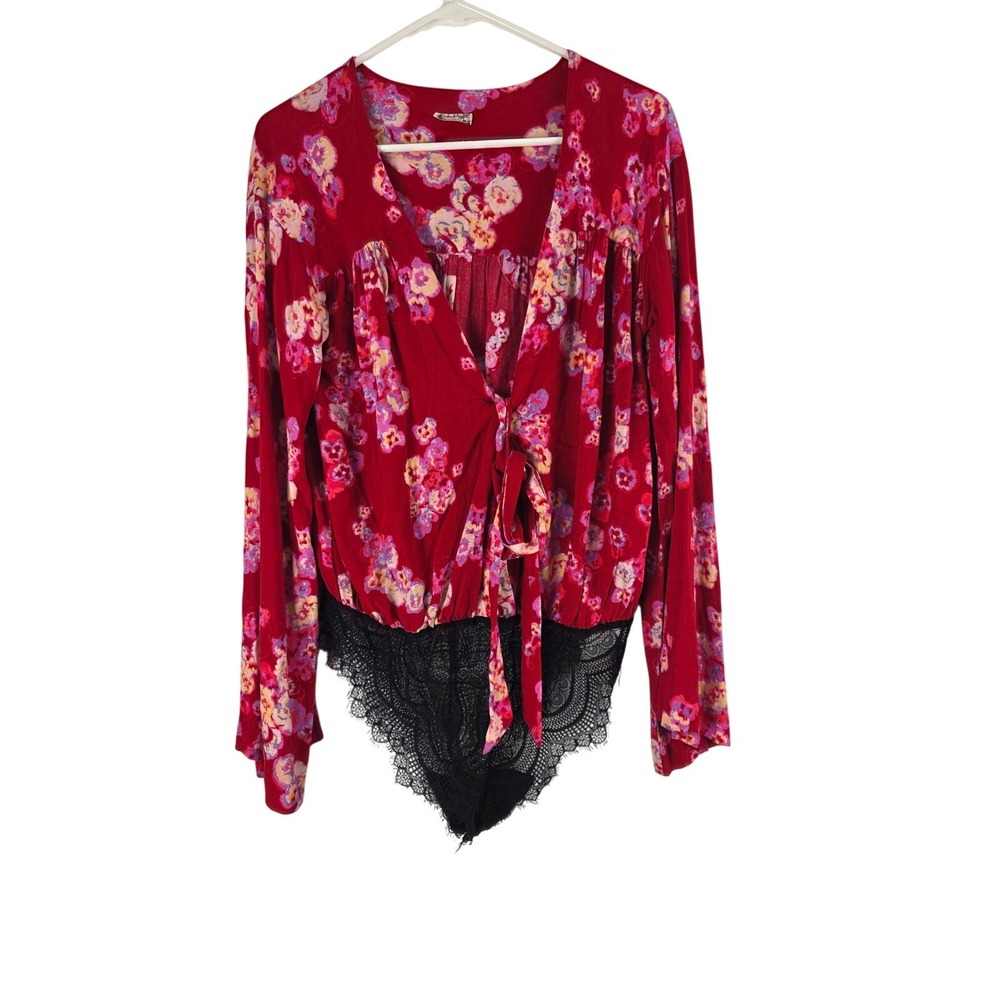 Intimately Free People Forties Feel Bell Sleeve Body‎ Suit M Womens Red Floral